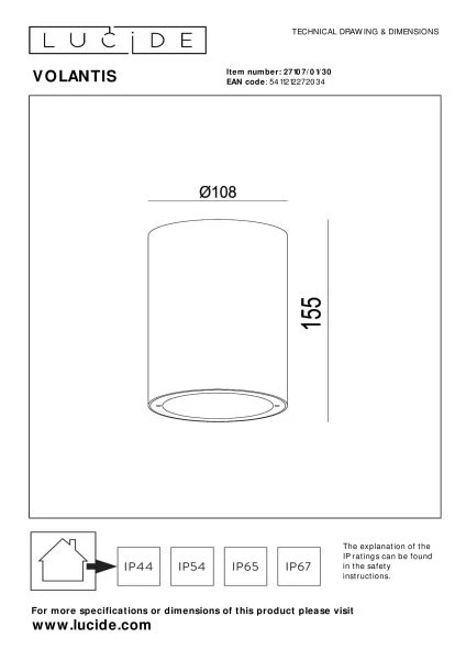 Lucide VOLANTIS - Foco de techo Dentro/Fuera - Ø 10,8 cm - 1xE27 - IP54 - Negro - TECHNISCH